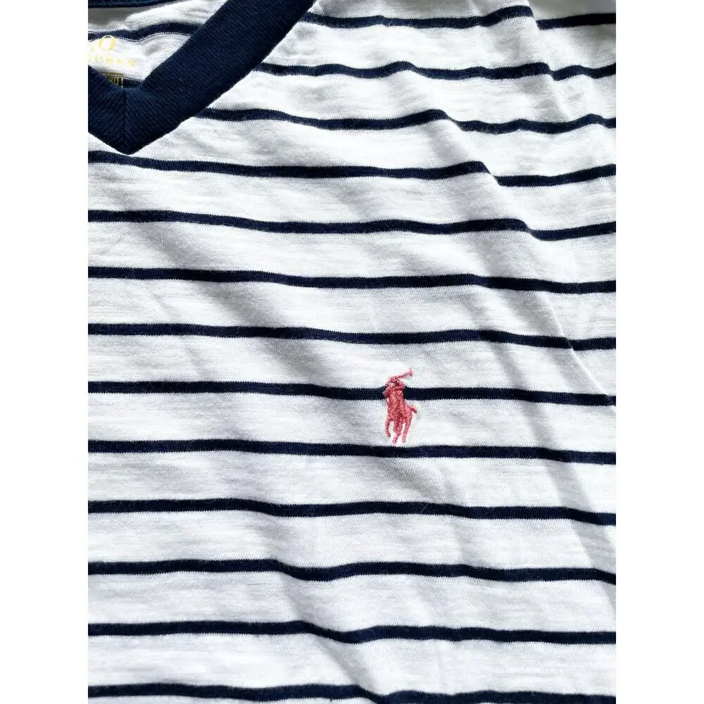 Boy's Ralph Lauren Navy and White Stripe V-Neck T-Shirt Size 14/16